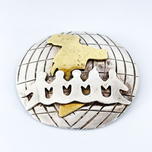 Vintage Sterling Silver 925 Mixed Metals Globe Unity Brooch Pin - Picture 2 of 7